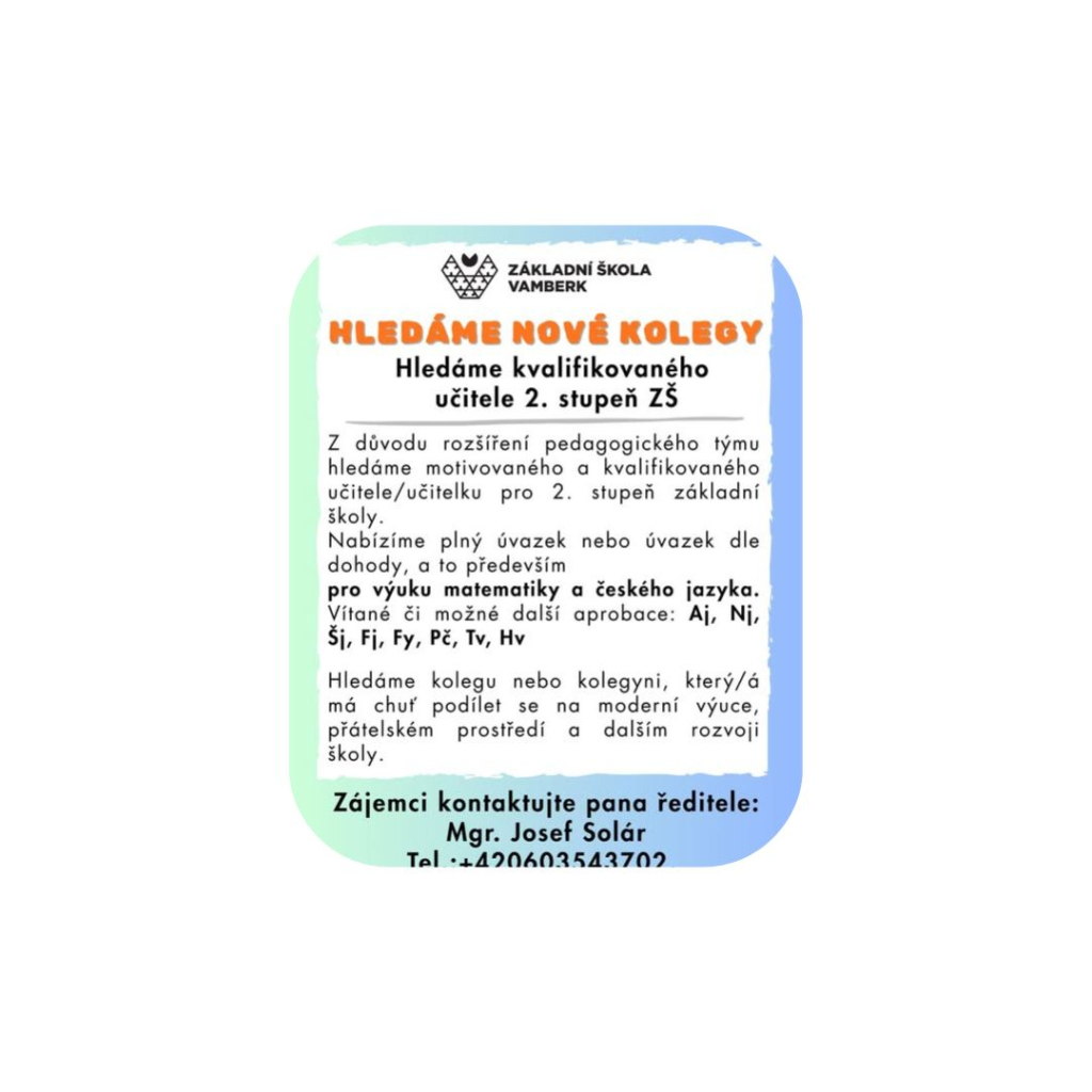 Hledáme kvalifikovaného učitele pro 2. st.  ZŠ
